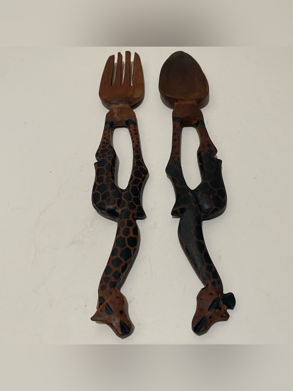 Hand Carved Wood Giraffe Salad Serving Set Fork Spoon African Safari